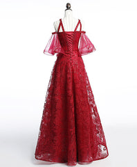 Prom Dress Guide, Unique Off Shoulder Tulle Lace Burgundy Long Prom Dress, Evening Dress