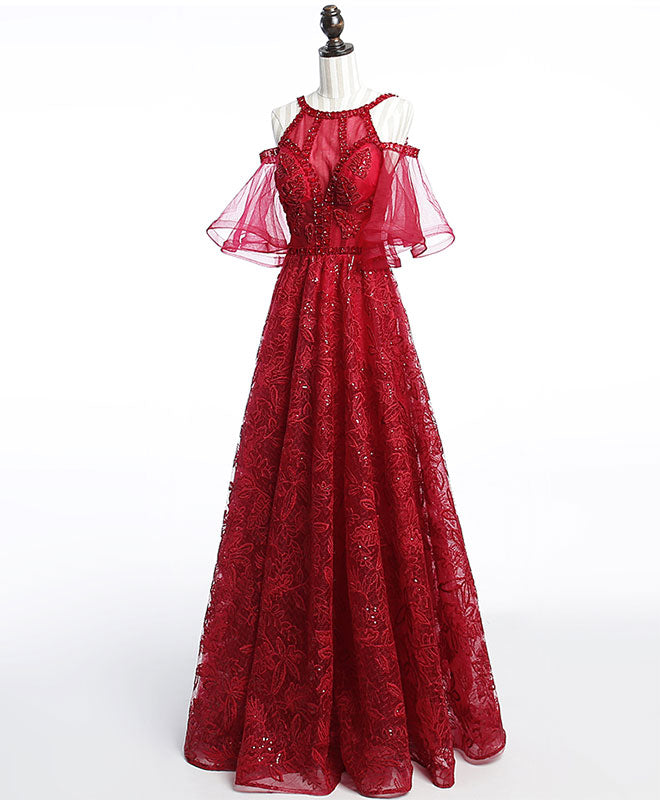 Prom Dress Ideas 2028, Unique Off Shoulder Tulle Lace Burgundy Long Prom Dress, Evening Dress