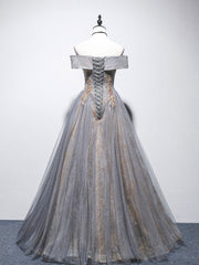Bridesmaid Dress Long Sleeve, Unique Off Shoulder Tulle Long Gray Prom Dress, A line Tulle Lace Evening Dress