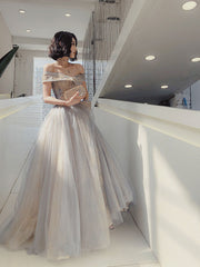 Bridesmaids Dresses Convertible, Unique Off Shoulder Tulle Long Gray Prom Dress, A line Tulle Lace Evening Dress