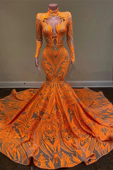 Bridesmaid Dress Wedding, Unique Orange Long Sleeves Mermaid Prom Dress Sequins