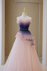 Dressy Outfit, Unique Pink Gradient Long Prom Dress, A-Line Strapless Evening Party Dress
