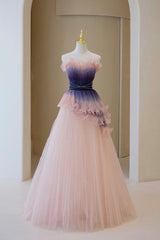 Dress Casual, Unique Pink Gradient Long Prom Dress, A-Line Strapless Evening Party Dress