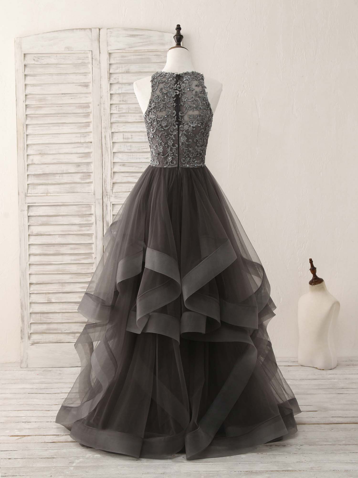 Party Dress Maxi, Unique Round Neck Lace Applique Tulle Long Prom Dresses