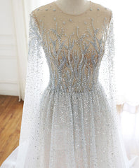 Homecoming Dress Boutiques, Unique Round Neck Tulle Sequin Beads Long Prom Dress