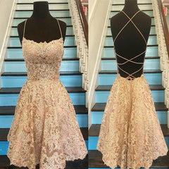 Prom Dresse Long, Unique Spaghetti Straps Crisscross Back A-Line Short Homecoming Dresses, Gold Lace Homecoming Dresses