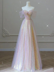 Fairytale Dress, Unique Sweetheart Neck Tulle Sequin Long Prom Dress Tulle Party Dress