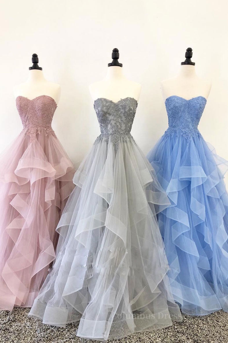 Formal Dress With Sleeves, Unique sweetheart tulle lace long prom dress, tulle evening dress