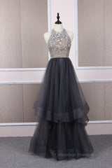 Evening Dress Gold, Unique tulle beads long prom dress tulle long evening dress