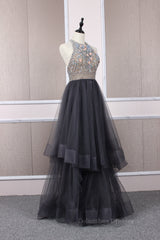 Evening Dresses Yellow, Unique tulle beads long prom dress tulle long evening dress