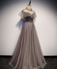 Prom Dresses Styles, Unique Tulle Long Prom Dress, Tulle Gray Evening Dress