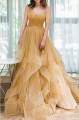 Evening Dresses Midi, Unique V Neck Tulle A-Line Long Prom Dress Tulle Formal Dress