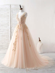 Satin Dress, Unique V Neck Tulle Lace Applique Long Prom Dress, Evening Dress