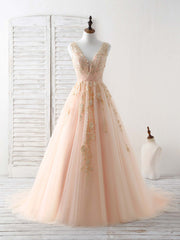 Homecoming Dress, Unique V Neck Tulle Lace Applique Long Prom Dress, Evening Dress