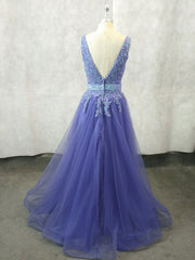 Prom Dress 2029, Unique V Neck Tulle Lace Applique Long Prom Dress, Tulle Evening Dress