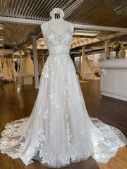 Wedding Dress Chic, Unique v neck tulle lace long prom dress, lace wedding dress