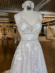 Wedding Dresses Sleeved, Unique v neck tulle lace long prom dress, lace wedding dress