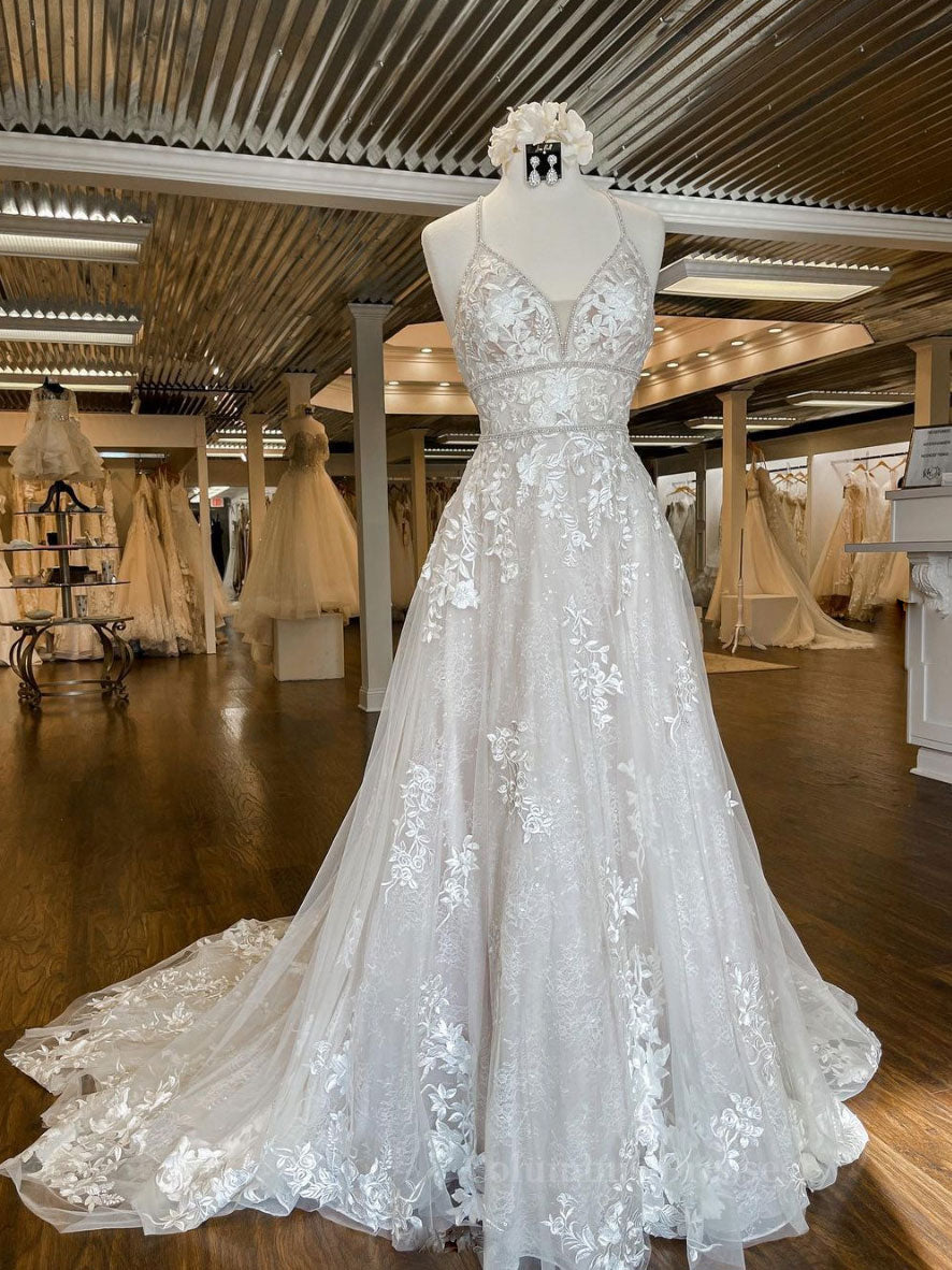Wedding Dresses Sleeve, Unique v neck tulle lace long prom dress, lace wedding dress