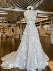 Wedding Dresses Sleeve, Unique v neck tulle lace long prom dress, lace wedding dress