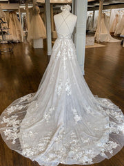Wedding Dress Sleevs, Unique v neck tulle lace long prom dress, lace wedding dress
