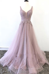 Formal Dress Classy, Unique v neck tulle lace long prom dress, tulle evening dress