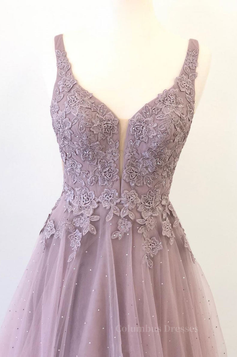 Formal Dressed Long Gowns, Unique v neck tulle lace long prom dress, tulle evening dress