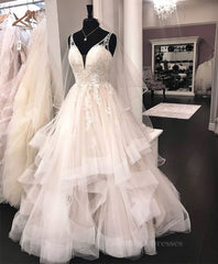 Wedding Dresses 2032, Unique v neck tulle lace long prom dress, tulle lace wedding dress
