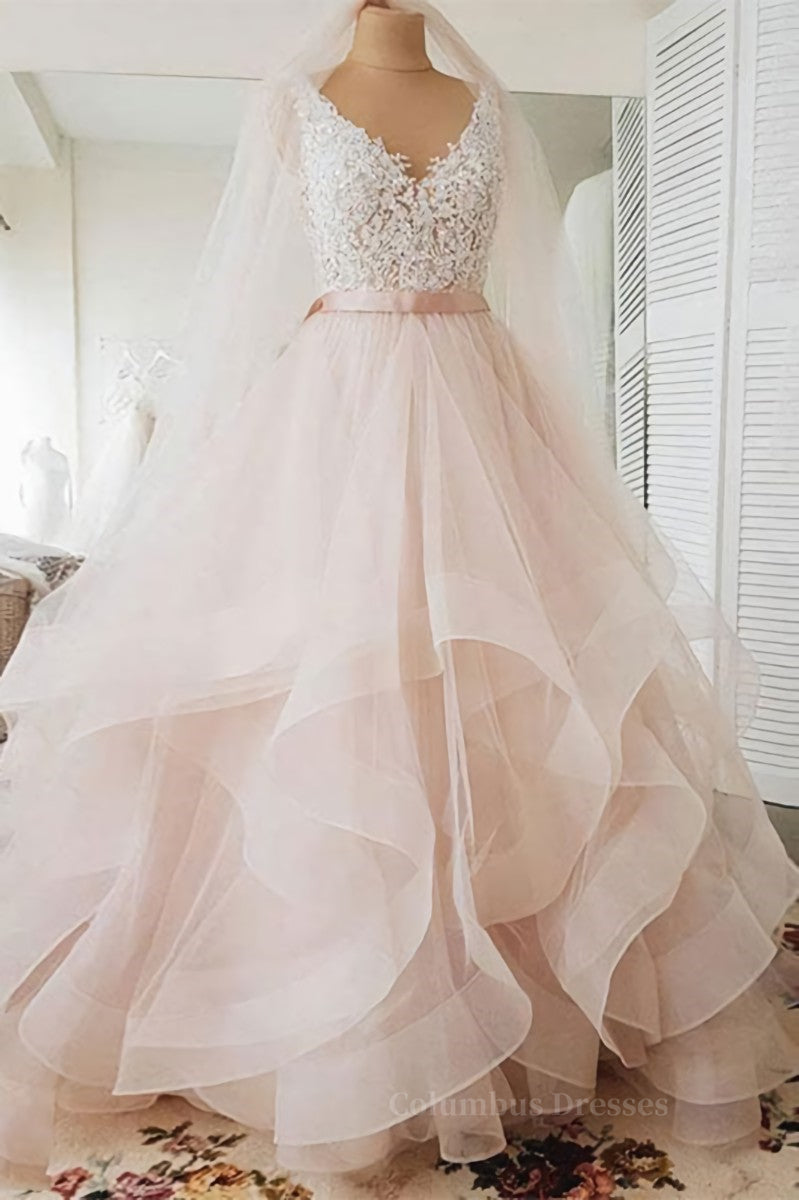 Wedding Dresses 2034, Unique v neck tulle lace long prom dress, tulle wedding dress