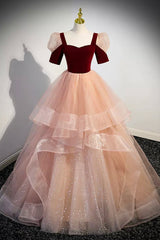 Prom Dresses Tight Fitting, Unique Velvet Long A-Line Prom Dress with Ruffles, Cute Evening Party Dress
