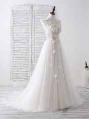 Prom Dress Gold, Unique White Round Neck Tulle 3D Lace Applique Long Prom Dresses