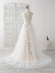 Prom Dresses Two Piece, Unique White Round Neck Tulle 3D Lace Applique Long Prom Dresses