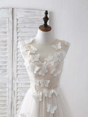 Bridesmaid Dress, Unique White Round Neck Tulle 3D Lace Applique Long Prom Dresses