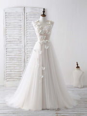 Summer Dress, Unique White Round Neck Tulle 3D Lace Applique Long Prom Dresses