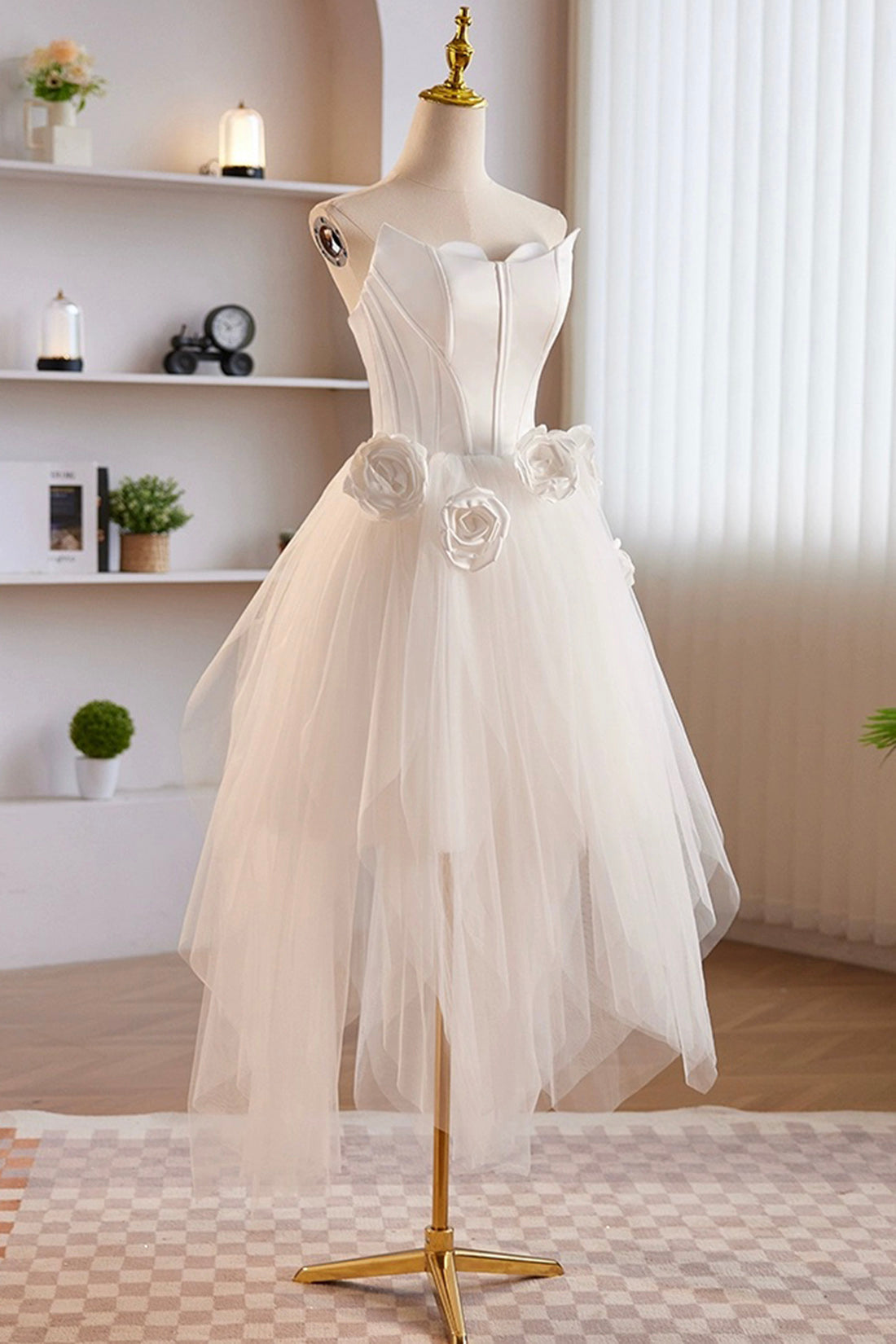 Prom Dresses Stores, Unique White Strapless Irregular Tulle Short Prom Dress, White Party Dress