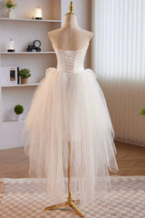 Prom Dress Store, Unique White Strapless Irregular Tulle Short Prom Dress, White Party Dress