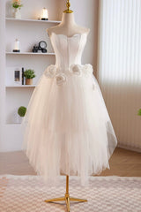 Prom Dresses For Girl, Unique White Strapless Irregular Tulle Short Prom Dress, White Party Dress