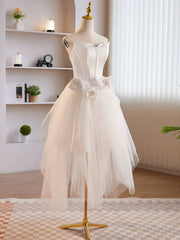 Formal Dresses And Evening Gowns, Unique White Tulle Satin Short Prom Dress, White Homecoming Dress