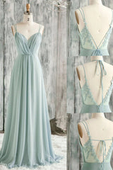 Prom Dress Gold, V-Back Double-Strap Sage Green Ruched Chiffon Bridesmaid Dress