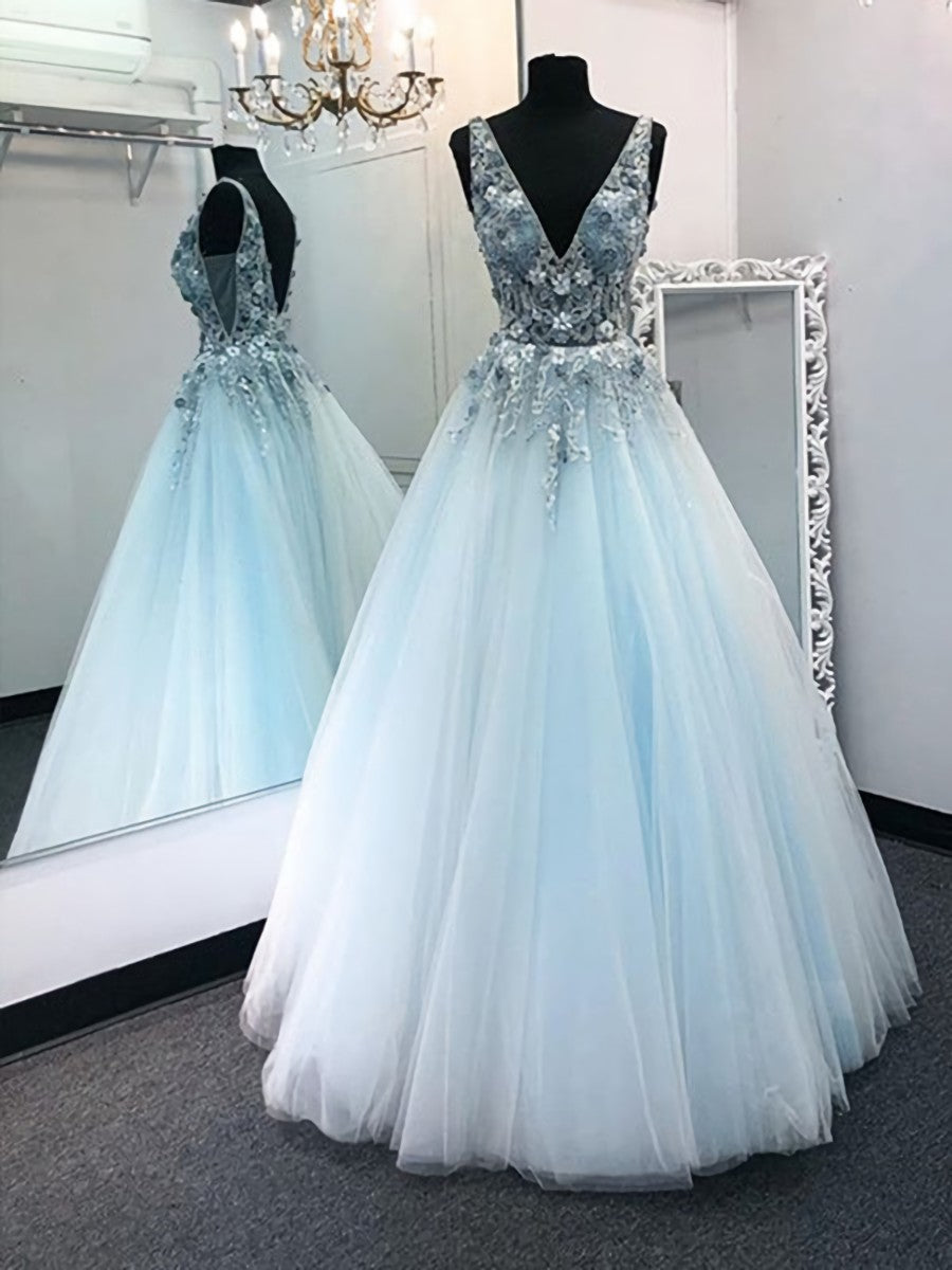 Party Dress Over 53, V Neck 3D Floral Blue Lace Beaded Long Prom Dresses, Blue Lace Floral Formal Evening Dresses