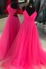 Bridesmaid Dress Navy Blue, V Neck A-line Hot Pink Long Tulle Prom Graduation Dress with Lace-up Back