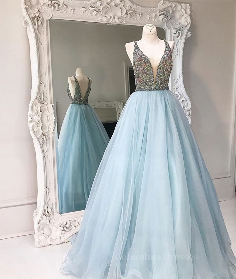 Formal Dresses Pink, V Neck And V Back Sequin Tulle Long Blue Prom Dresses, Blue Evening Dresses