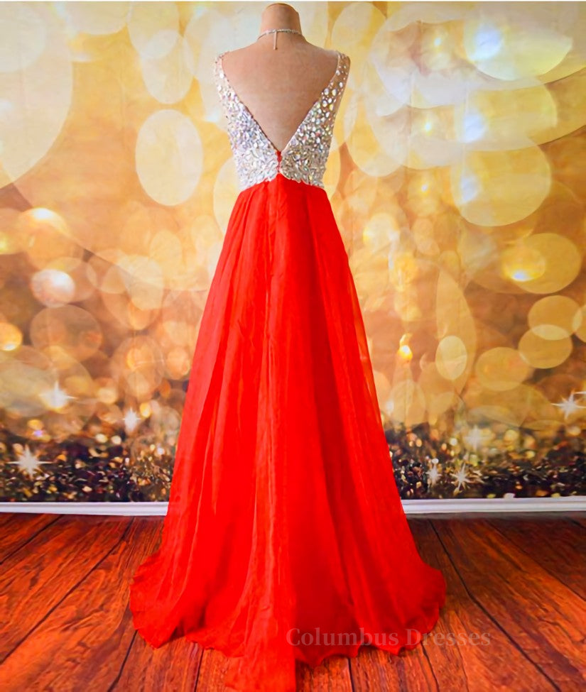 Formal Dresses Midi, V Neck And V Back Sequins Chiffon Red Prom Dresses, Long Red Formal Dresses, Evening Dresses