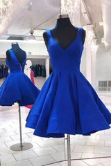 Bridesmaids Dresses Modest, V Neck and V Back Short Blue Prom Dress, Open Back Blue Homecoming Dress, Blue Formal Evening Dress