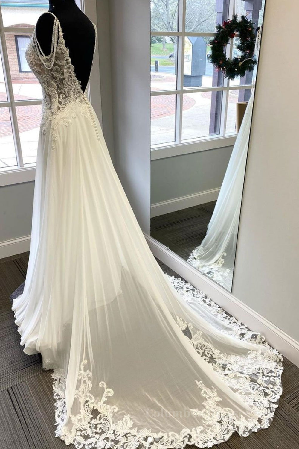Wedding Dress Price, V Neck and V Back White Lace Long Prom Dress, White Lace Wedding Dress, Long White Formal Evening Dress