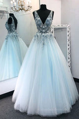 Party Dress High Neck, V Neck Appliques Blue Lace Long Prom Dress, Floral Blue Lace Formal Dress, Lace Blue Evening Dress, Ball Gown