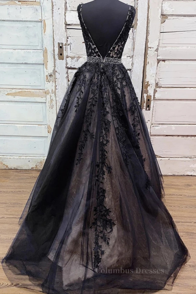 Bridesmaid Dresses 2063, V Neck Backless Black Lace Long Prom Dress, Black Lace Formal Dress, Black Evening Dress