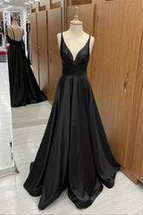 Formal Dresses, V Neck Backless Black Satin Long Prom Dresses, Backless Black Formal Dresses, Black Evening Dresses