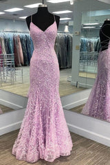 Red Carpet Dress, V Neck Backless Mermaid Purple Lace Long Prom Dress, Mermaid Purple Formal Dress, Purple Lace Evening Dress