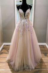 Bridesmaids Dresses Red, V Neck Backless Pink Lace Floral Long Prom Dress, Pink Lace Formal Dress, Pink Evening Dress