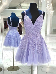Party Dress Boho, V Neck Backless Purple Lace Short Prom Dresses, Open Back Purple Short Lace Formal Homecoming Dresses